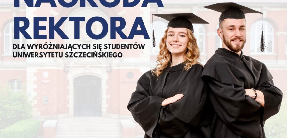 Ulotka: Dwoje młodych osób w strojach absolwentów wyższych uczelni na tle rozmytego zdjęcie rektoratu US.