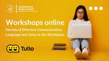 Ulotka: Workshops online Akademickie Biuro Karier. Moda kobieta z laptopem na kolanach